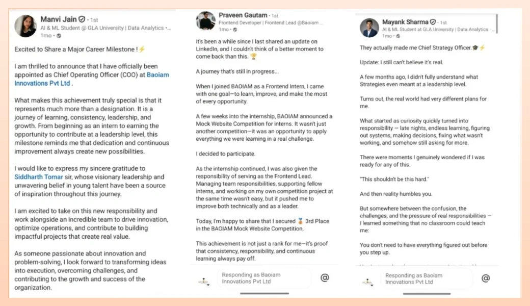 LinkedIn posts from BAOIAM interns announcing their new roles and milestones